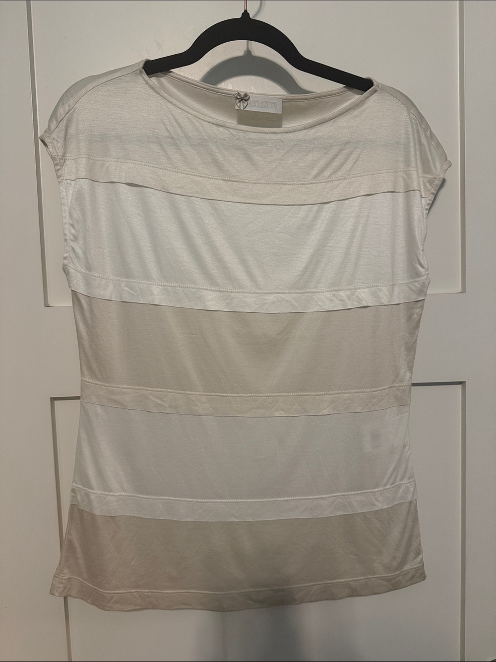 St. Emile Womens Neutral Striped Short Sleeve Silk and Modal Tee - Cream & White